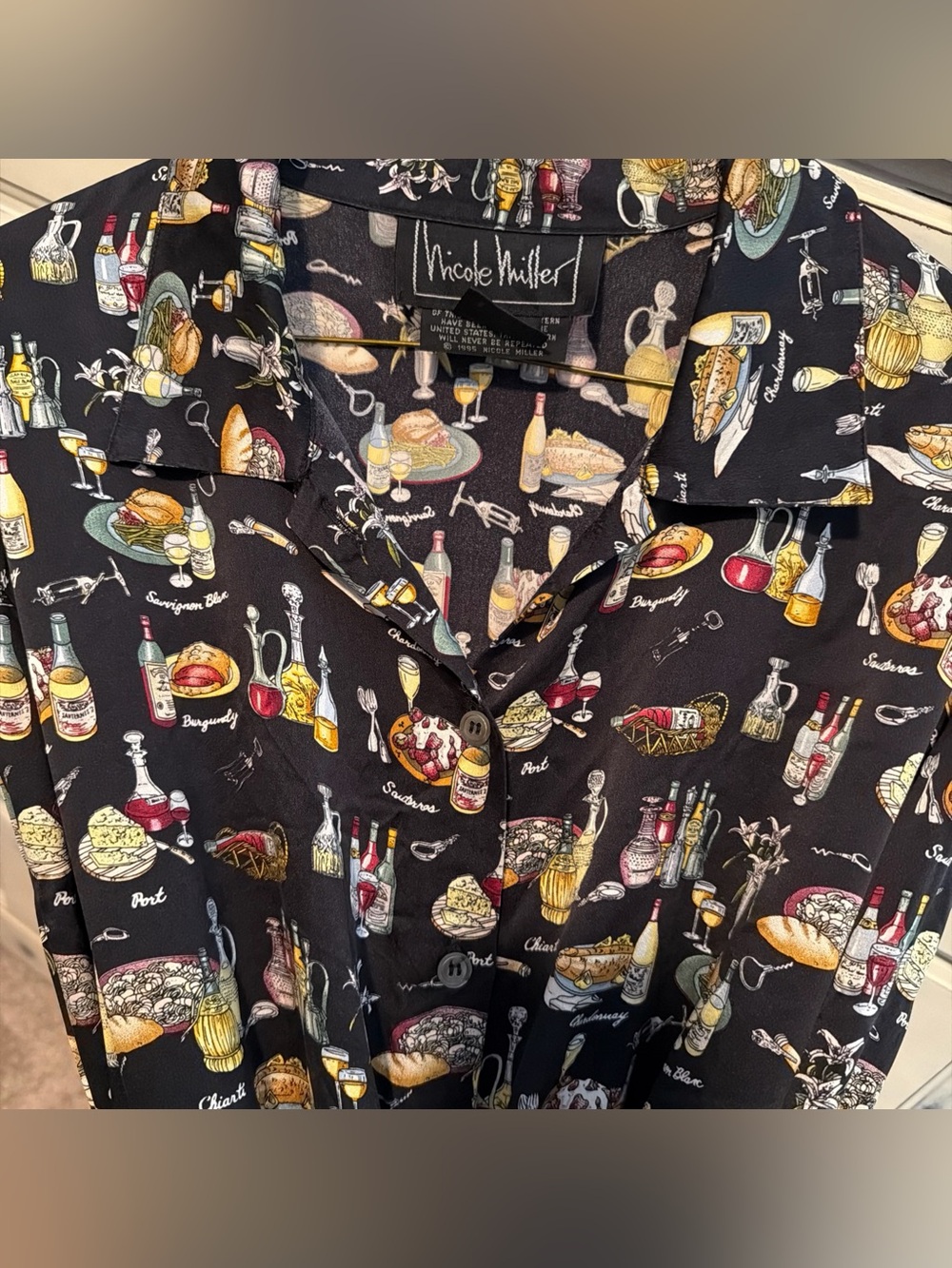 Vintage Nicole Miller 1995 Silk Shirt Made USA Large Wine Food Italy Theme